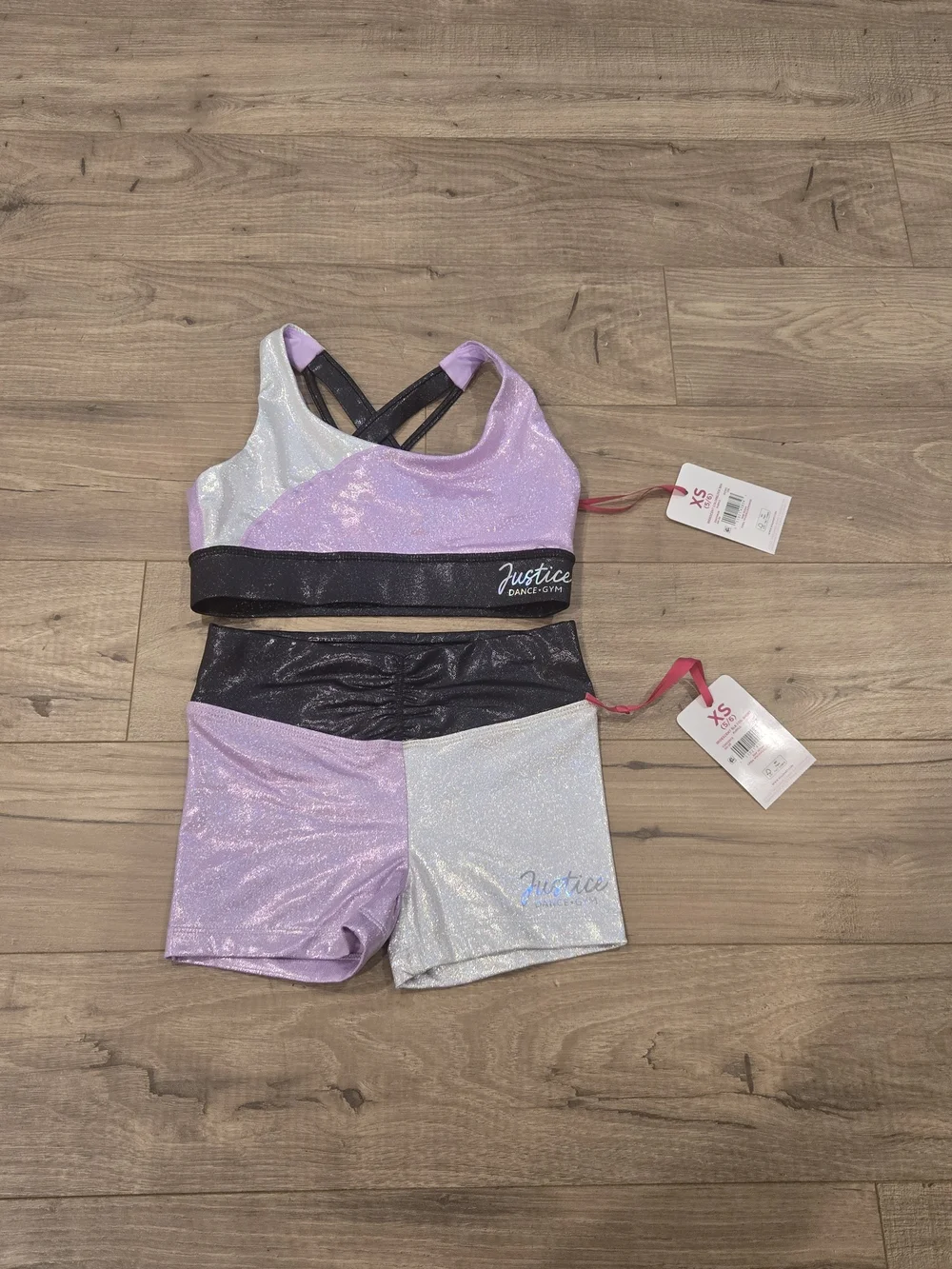 NWT Justice Girls Metallic Colorblock Sports Bra & Shorties 2PC Set Gym Dance XS
